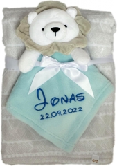 Couverture de bébé avec consolation brodée avec nom et date de naissance/douce et douce / 1A qualité (gris bleu clair lion)