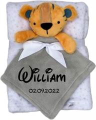 Couverture de bébé avec consolation brodée avec nom et date de naissance/douceur / 1A qualité (Gris Tigre)