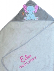 Serviette à capuche brodée avec nom et date de naissance 100x100 Gris ELEFANT