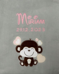 Couverture de bébé - brodé avec le nom - Gris Singe Cœurs