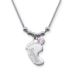 Collier pied de bébé avec gravure et cristal du mois JUIN