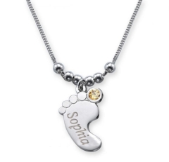 Collier pied de bébé avec gravure et cristal du mois NOVEMBRE